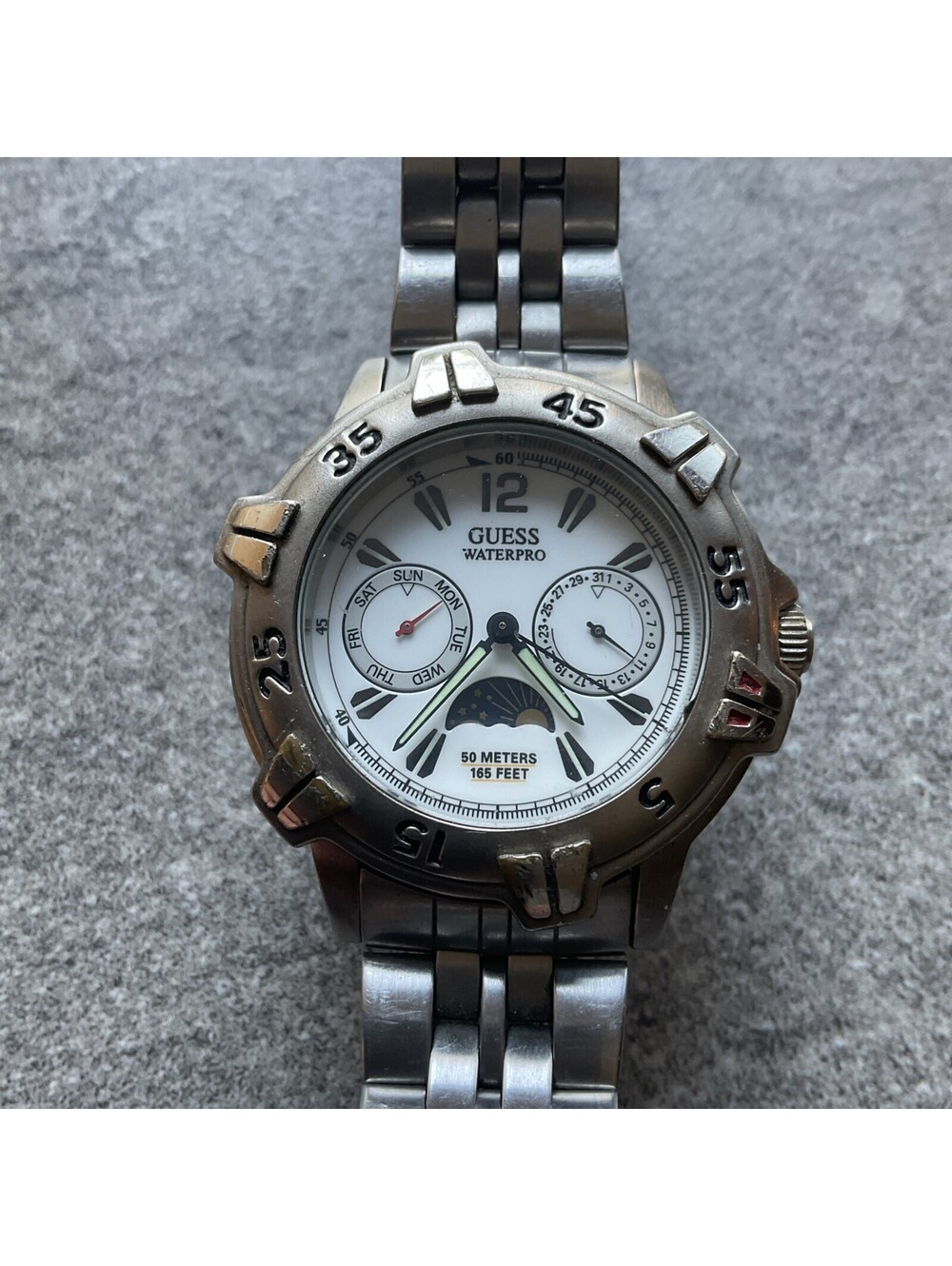 Guess Waterpro Moon Phase Mens Watch 36mm Silver Tone Day/Date Dial D4